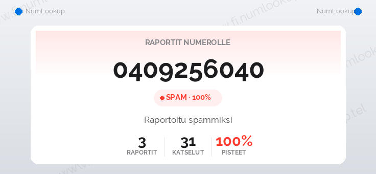 Numerotiedot numerolle 0409256040